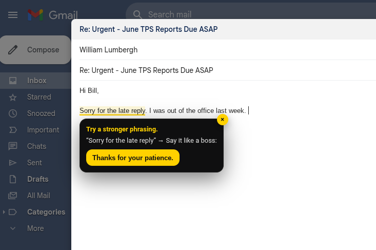 Gmail interface with Like a Boss active